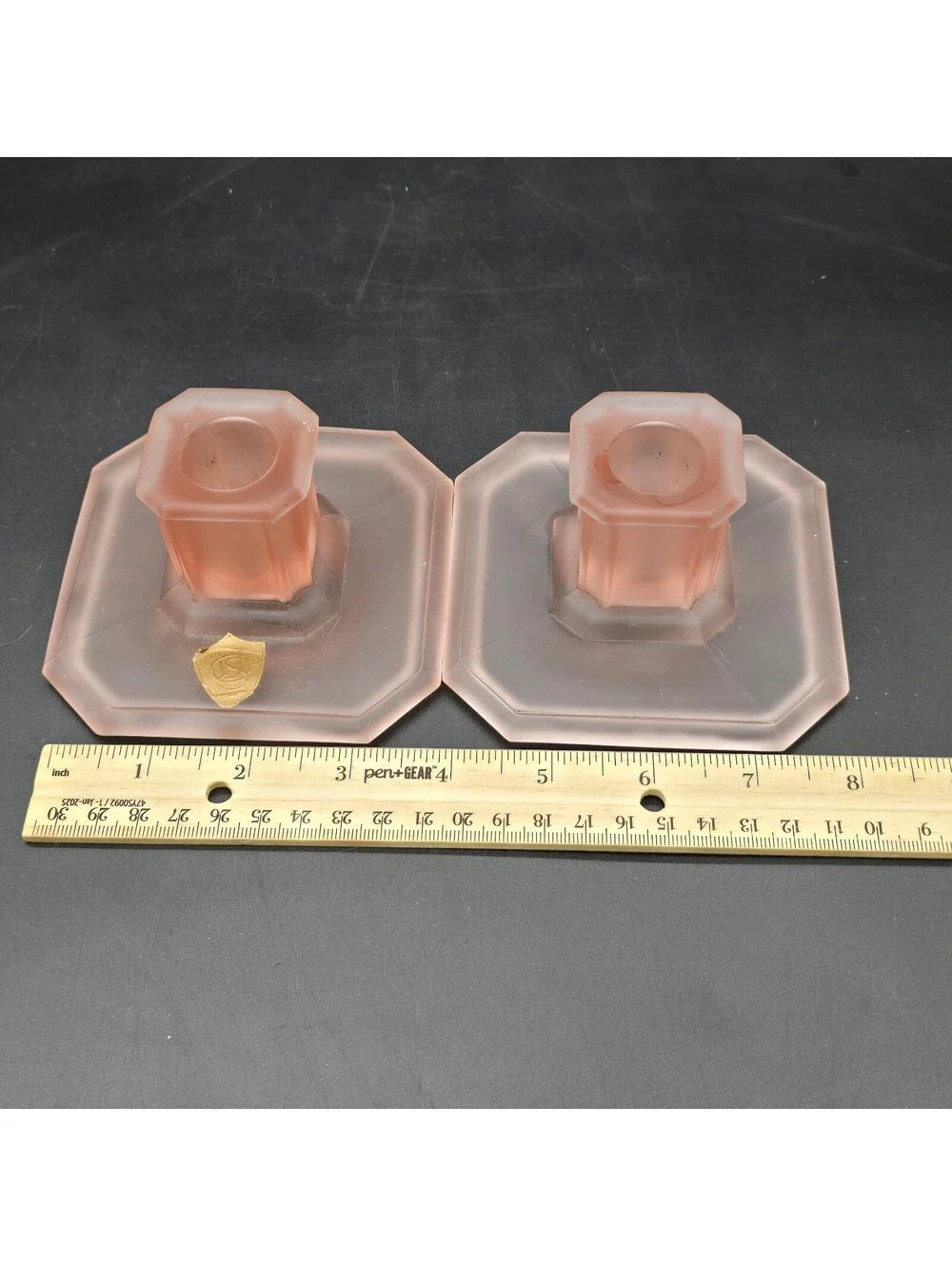 Vintage Tiffin Pink Satin Frosted Candlestick Holders Pair WITH ORIGINAL LABEL